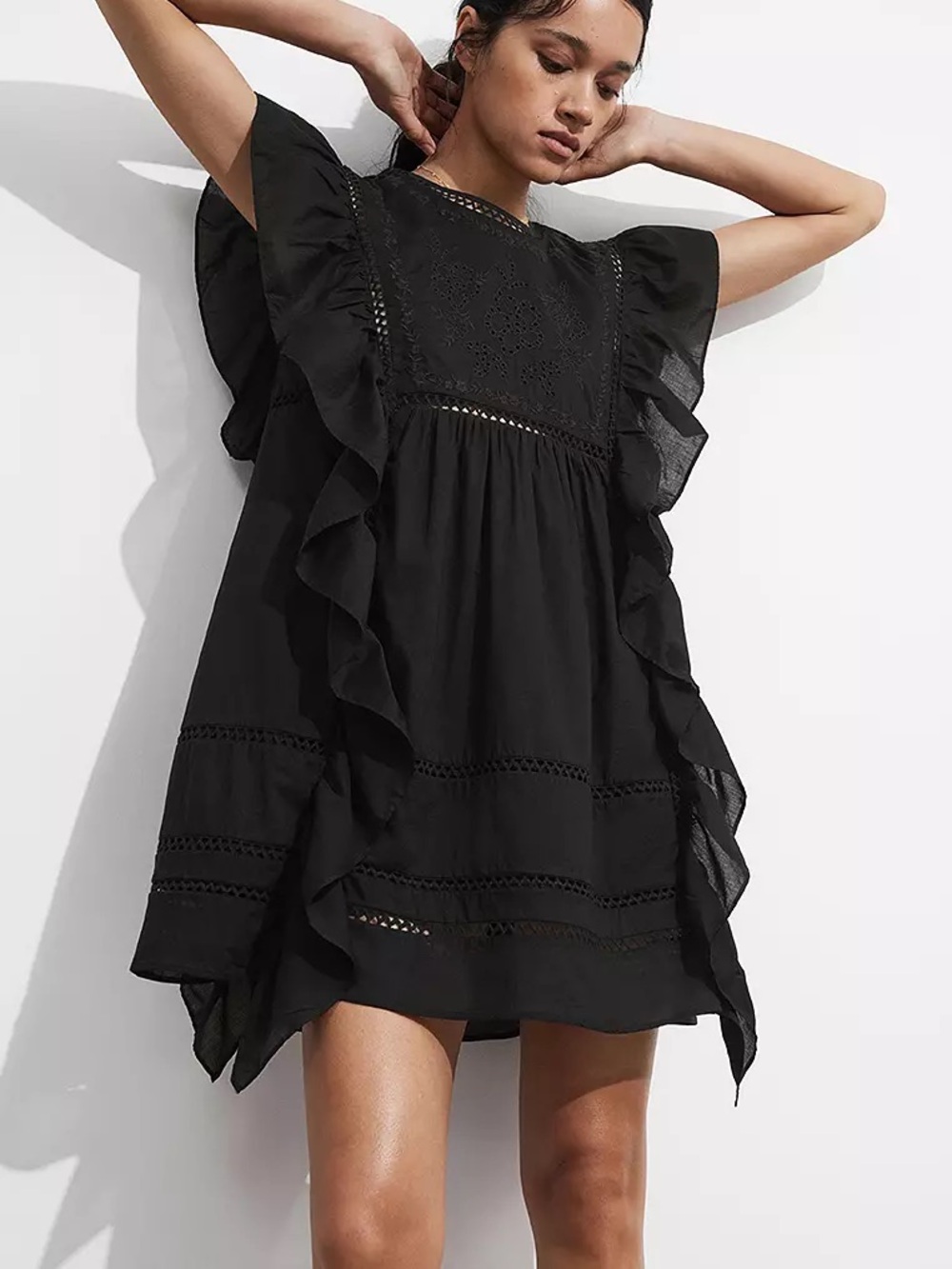& Other Stories Embroidered Ruffle Mini Dress